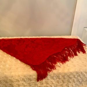 Red lace shawl with fringe